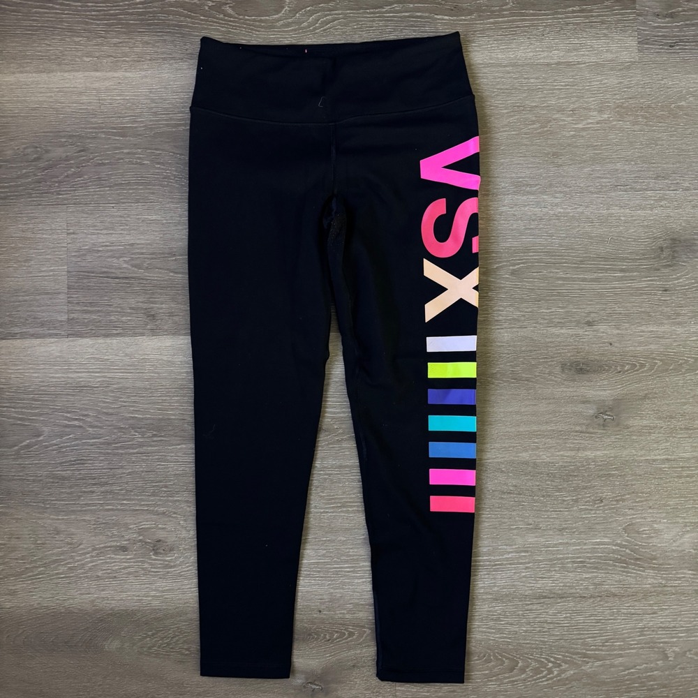 Victoria's Secret VSX Sport Leggings Womens Medium Short Black Neon Logo Tights